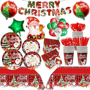 185 Pcs Christmas Party Decorations Christmas Party Supplies Tableware Set Serves 24, with Plates Napkins Cups Fork Knives Spoon Tablecloth Banner Balloons for Xmas Holiday Party Decorations