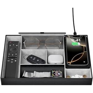 Valet Tray with Wireless Charger, Nightstand Organizer, Leather Desk Drawer Organizer Tray with 7 Compartments for Jewelries, Watch, Key, Wallet, Phone, Black