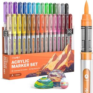 JusArt Acrylic Paint Markers Brush Tip 30 Colors, Water-Based No-Bleed Markers with Automatic Ink Control, Waterproof Acrylic Paint Pens for DIY Art & Crafts -Fabric, Wood, Rock, Ceramic, Metal