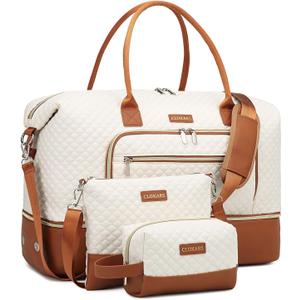 Weekender Bags for Women, Travel Tote Duffle Bag Carry On Overnight Bag with Cosmetics Bag and Crossbody Purse for Gym Hospital, Gifts for Women, Beige Brown (Medium)