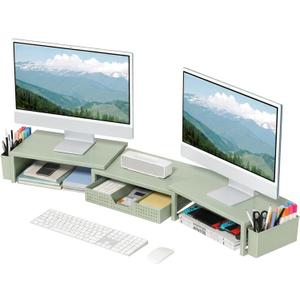 OPNICE Desk Organizers and Accessories, Dual Monitor Stand Riser with Drawer and 2 Pen Holders, Desk Shelf Metal Computer Monitor Stand for Office Workspace Organizers, Desktop Organization (Green Metal)