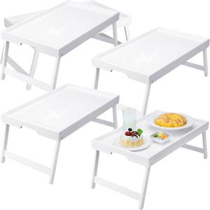 Soaoo Bamboo Bed Tray Table with Folding Legs Breakfast in Bed Tray Serving Food Trays for Eating on Sofa Laptops Sleepover Slumber Party Kids Adult(White,4 Pcs)