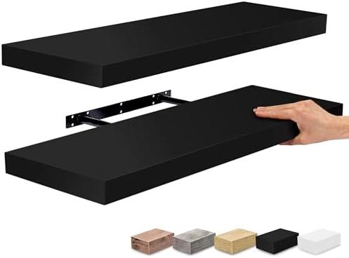 Floating Shelves for Wall, Wood Wall Storage (2 Pack, Black) | Clean invisible-bracket mounting for books, collectibles, bathroom decor, living rooms and home displays.