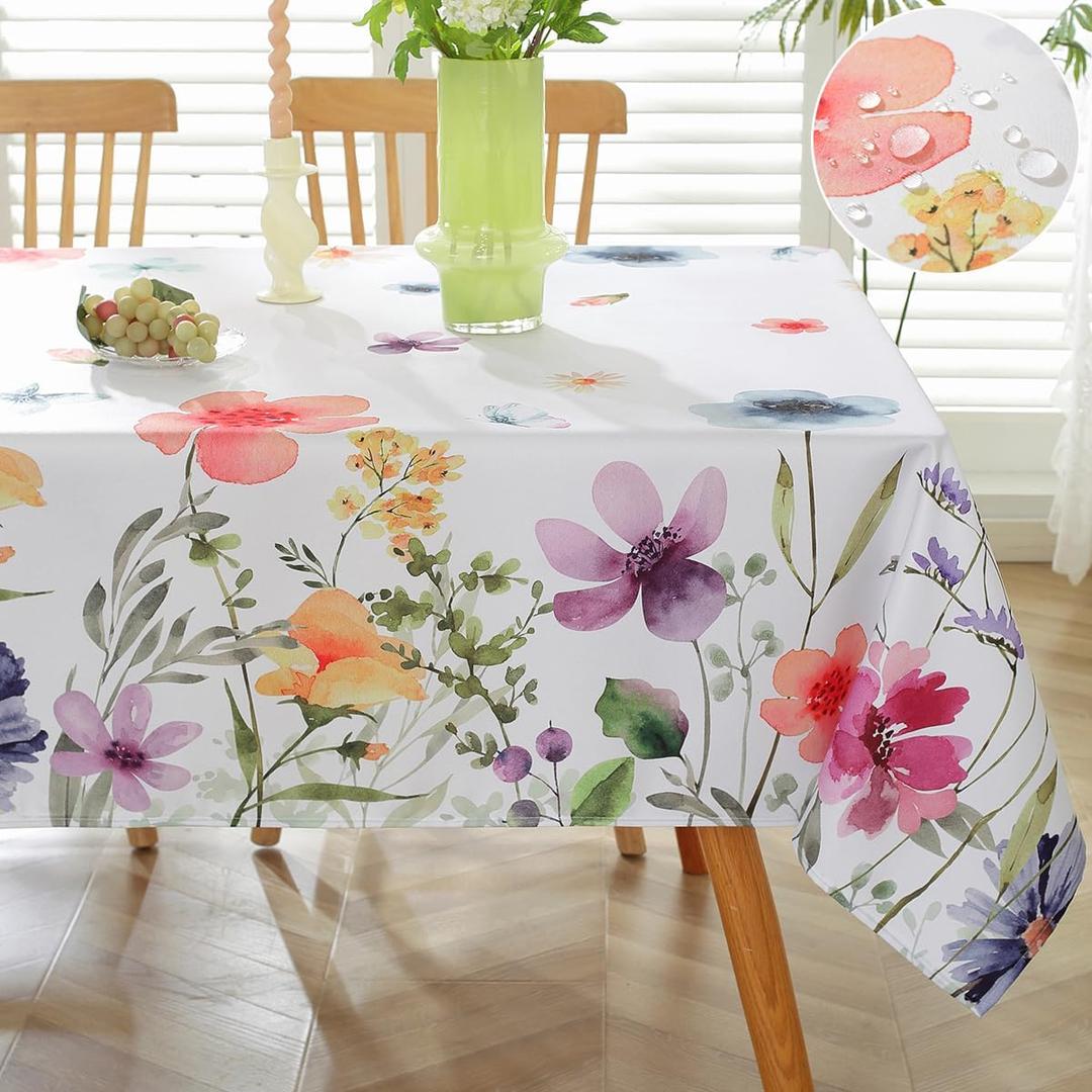 Spring Summer Tablecloth Rectangle 60 x 102 Inch Spill Proof Non Slip Colorful Wild Flower Butterfly Watercolor Floral Table Cloth, Soft Fabric Table Cover for Dining, Party, Indoor, Outdoor, Colorful