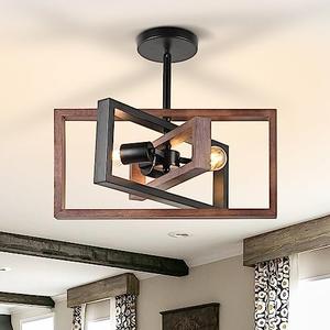 HuisMier Farmhouse 3-Light Flush Mount Ceiling Light Fixture Rustic Metal and Wood Chandelier Retro Close to Ceiling Lighting for Kitchen Entryway Hallway Bedroom Dining Room Living Room Foyer