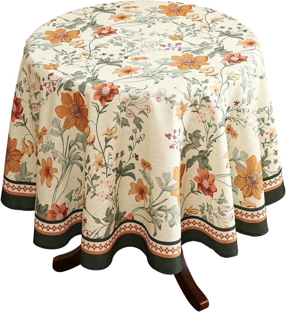 French Tablecloth for Round Table,Linen Orange Floral Wrinkle Resistant Tablecloths,Decorative Table Cover for Kitchen,Dining,Tea Party,Thanksgiving,Christmas,Diameter 67"-Milch