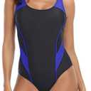 Womens Athletic One Piece Swimsuit Racerback Competitive Modest Bathing Suit (Medium, 1-black/Royal Blue)