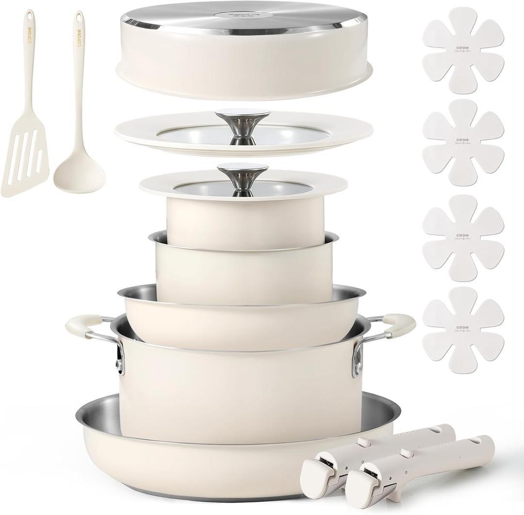 CAROTE 16Pcs Stainless Steel Cookware Set With Detachable/Removeble Handle Set, Space Saving Pots and Pans Set, RV Camping Set, Outer Ceramic Layer Nonstick, Dishwasher/Oven Safe, Kitchen Cooking Set