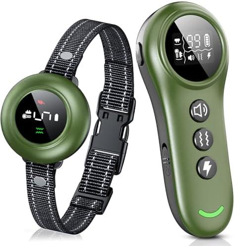 2-in-1 Dog Shock Collar & Dog Bark Collar - Smart Anti Barking Dog Training Collar with 5 Adjustable Sensitivity & 3300FT Remote for All Breeds IP67 Waterproof Rechargeable E-Collar (Green)