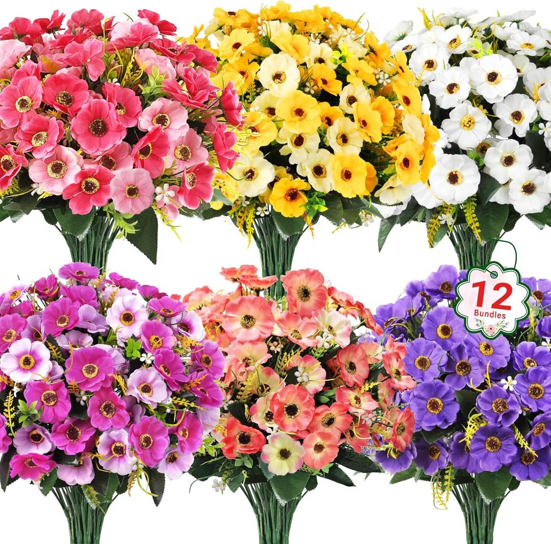 Ouddy Decor 12 Bundles Artificial Flowers for Outdoors Decoration, Fake Daisy Silk Flowers UV Resistant Artificial Plants for Spring Summer Garden Porch Window Box Room Home Decor, Mixed Color