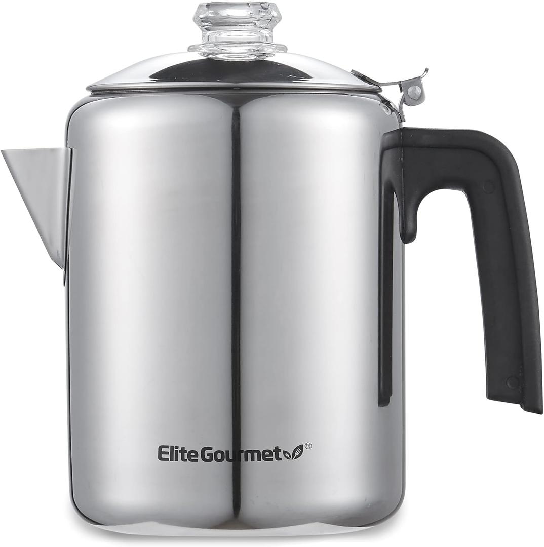 Elite Gourmet EC008 Classic Stovetop Coffee Percolator, Glass Clear Brew Progress Knob, CoolTouch Handle, Cordless Serve, 8Cup, Stainless Steel