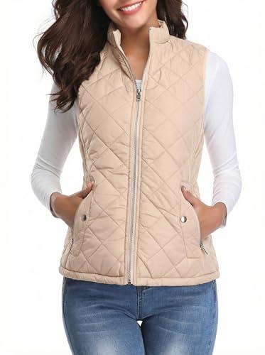 Fuinloth Women's Lightweight Warm Puffer Quilted Vest - 4-Pockets Stand Collar Zip Gilet, Fall Winter Outerwear Beige 2XL