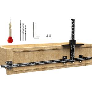 Extended Cabinet Hardware Jig Kit, 32-inch & 16-inch Detachable MAX Cabinet Handle Jig with Auto Center Punch, Aluminium Alloy Cabinet Handle Template Drill Guide, Drawer Pull Jig for Handle Knob Pull (Large, Black)