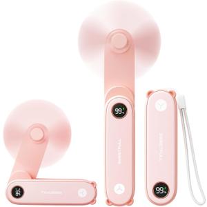 SWEETFULL Portable Handheld Mini Fan with LED Display, 3-in-1 Personal Foldable USB Rechargeable Hand Held Fan & Flashlight for Travel, Lash Eyelash, Cute Small Pocket for Women, Girls (Pink)