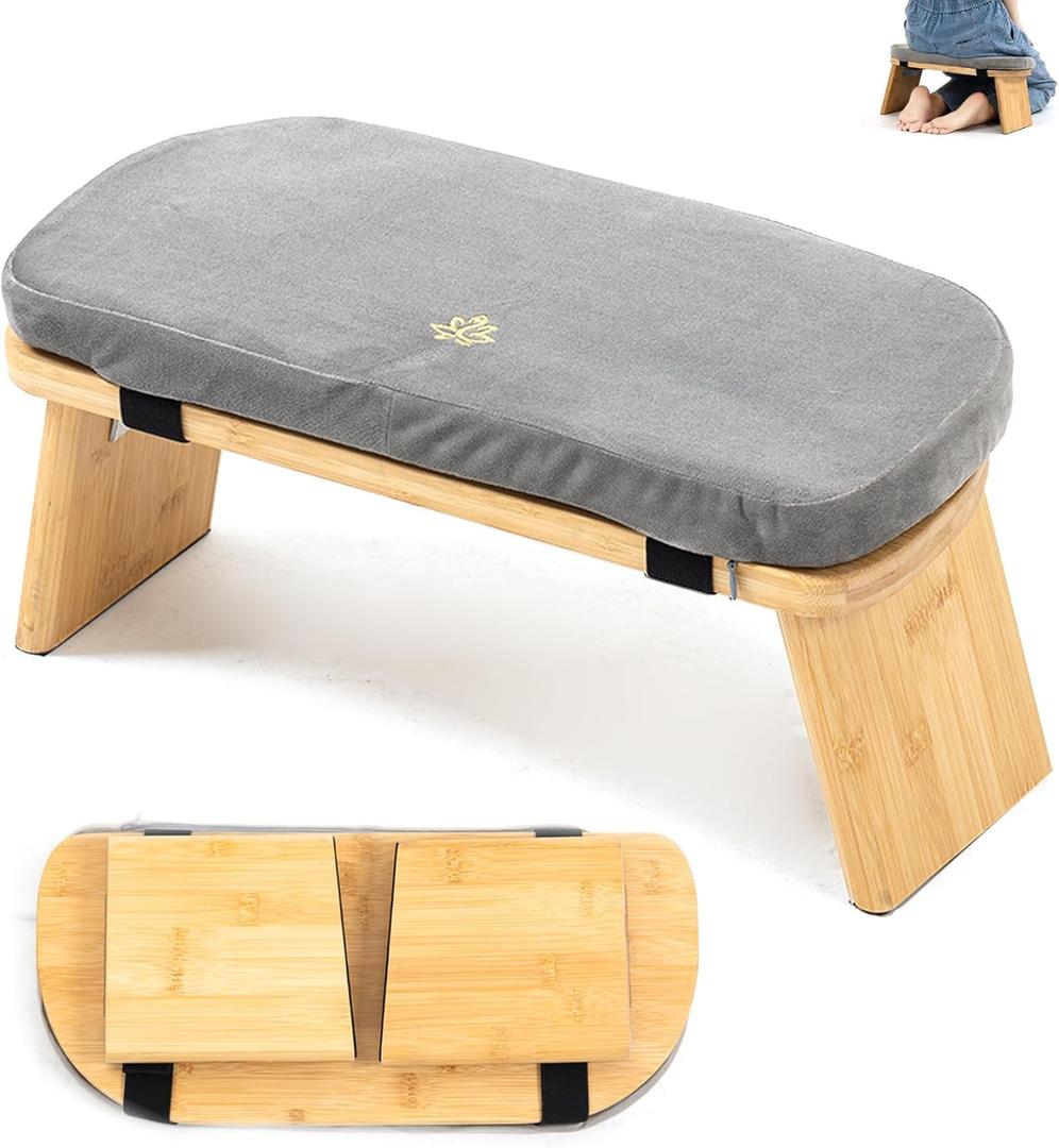 Meditation Bench, Bamboo Meditation Stool, Folding Kneeling Meditation Bench, Seiza Prayer Bench, Prayer Bench with Meditation Cushion, Kneeling Stool (Grey)
