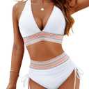 Blooming Jelly Women High Waisted Bikini Sets Tummy Control Swimsuits Color Block Two Piece Drawstring Bathing Suit (Large, White)