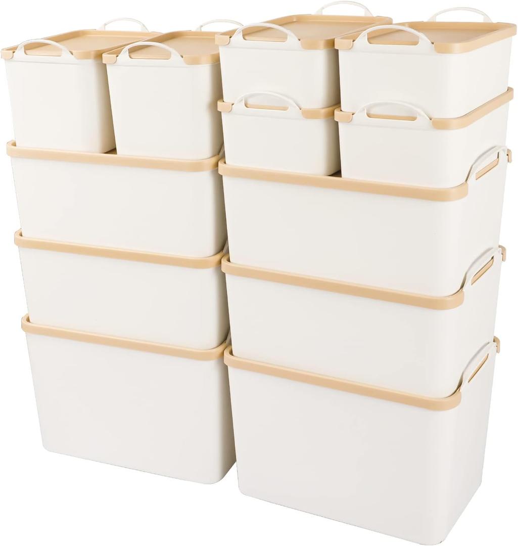 ANMINY 12PCS Plastic Storage Bins Containers with Lids, Large White Storage Organization Bins Boxes, Lidded Plastic Storage Baskets for Closet Shelves Drawers Desktop Home Office (2 Extra Large 4 Large 2 Medium 4 Small)