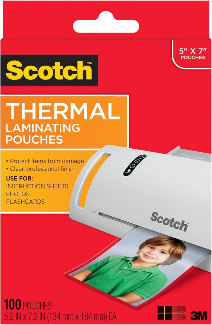 Scotch Thermal Laminating Pouches Premium Quality, 5 Mil Thick for Extra Protection, 100 Pack Photo Size Laminating Sheets, Our Most Durable Lamination Pouch, 5 x7 inches, Clear (TP5903-100)