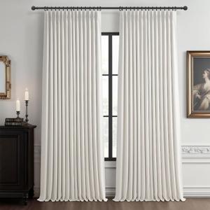 Pleated Drapes Beige White Dual Layer Blackout 102 Inch Length Curtain Panels 2 for Sliding Glass Door, Luxury Pinch Pleated Flax Linen Ceiling Track Curtain Thermal Room Darkening Ivory Window Drapes