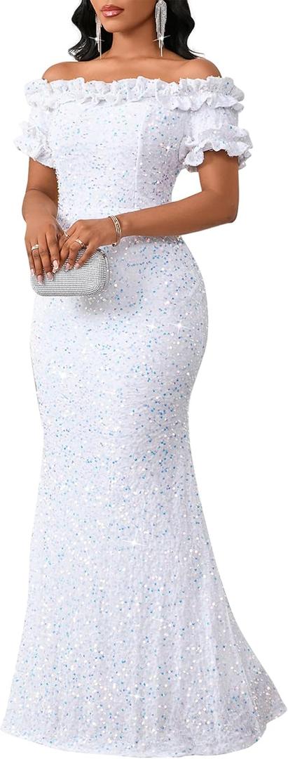 dasmzper Women Sexy Sequin Off Shoulder Ruffle Short Sleeve Bodycon Mermaid Party Formal Evening Maxi Dress (XXL)