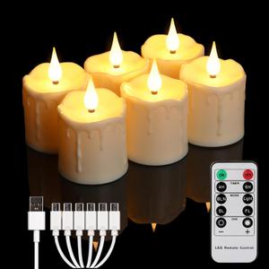 FREEPOWER Rechargeable Flameless LED Votive Candles with Timer Remote - 2'' x 3'' Waterproof Flickering Tealights Candle - Battery Operated Pillar Candles for Wedding, Party and Holiday Decor - 6PCS (Cream)