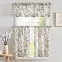 jinchan Floral Kitchen Curtains Set Linen Tier Curtains and Valance Farmhouse Drapes for Small Windows 36 Inch Length for Cafe Living Room Bathroom Rod Pocket 3 Pieces Set Black on Linen