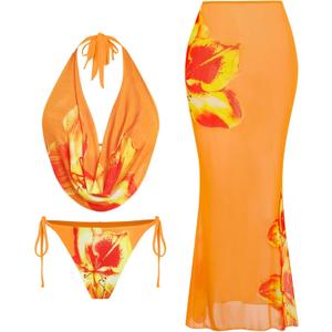 ZAFUL Women's 3 Piece Floral Swimsuit Draped Neck Halter Bikini Tie Side Bathing Suit with Sheer Cover Up Skirt (Orange, XL)