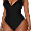 Ruffle One Piece Swimsuit for Women Tummy Control Deep V (Black, L)