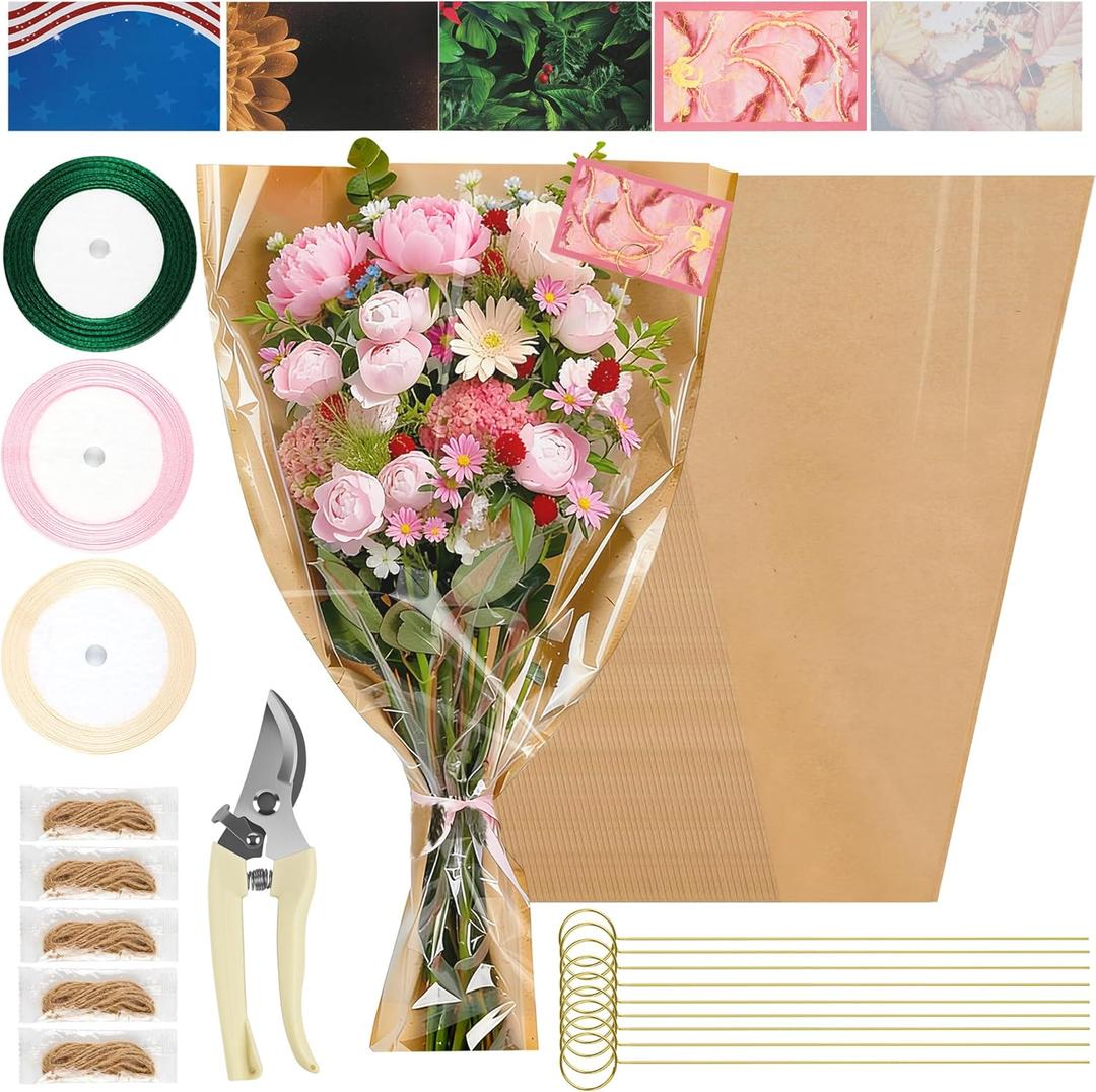 50 Sheets 22" x 14.2" Flower Bouquet Wrapping Bags Kraft Paper Sleeves, Total 159Pcs RibbonsX3 Pruning ShearsX1 Card HolderX50 CardsX50 RopeX5 Floral Bouquets Bag for Flowers Bar Graduation Wedding