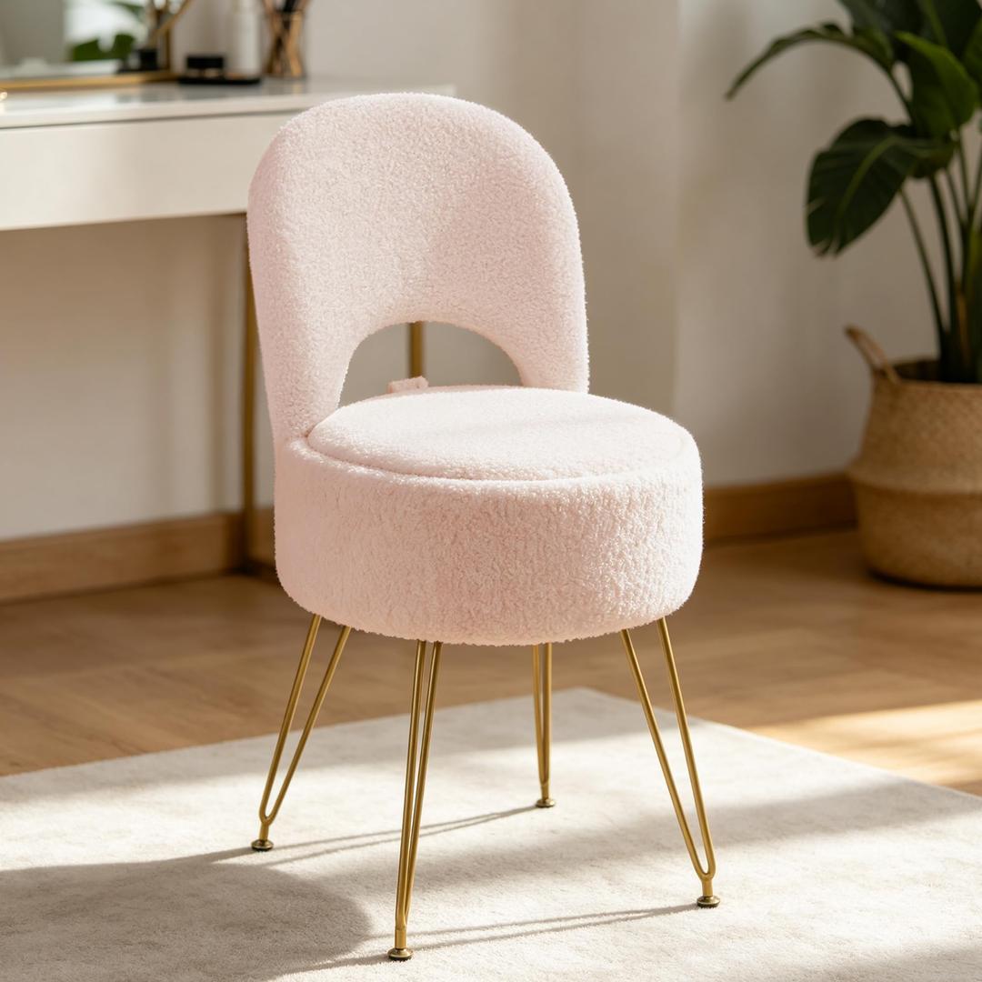 LITZFUR Round Vanity Stool with Storage & Folding Back, Pink Makeup Chair
