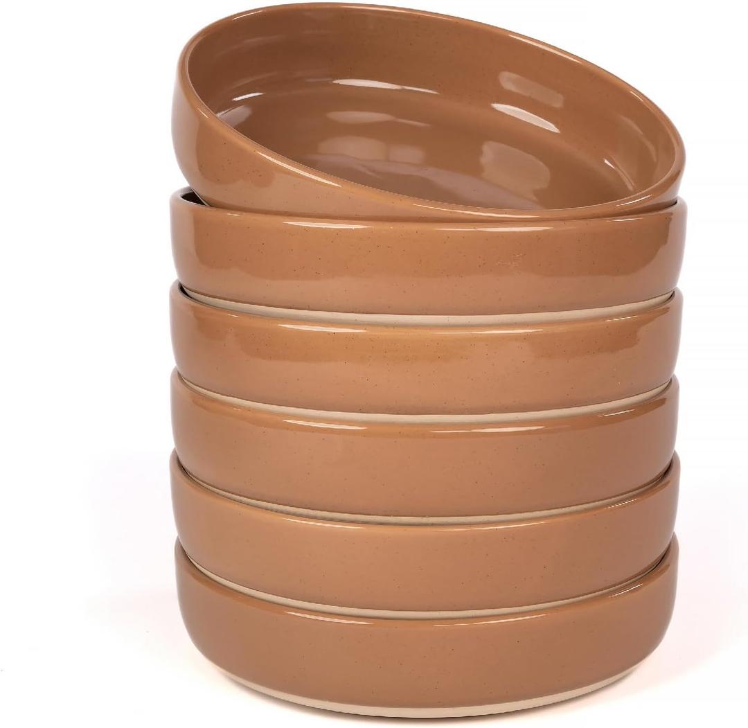 OTAGO 8" Stoneware Salad and Pasta Bowls Set of 6 with Partially Unglazed Base, Scratch Resistant Ceramic Dish Set, Microwave & Dishwasher Safe，Brown, 6 Pieces