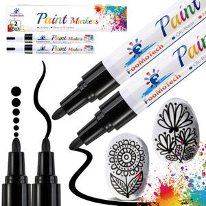 Black Paint Water Based Markers - Permanent Acrylic Markers, Medium Tip, Quick Dry, Waterproof for Rock, Fabric, Metal, Wood, Plastic, Canvas, Leather, Glass (Black - 2 Pens)