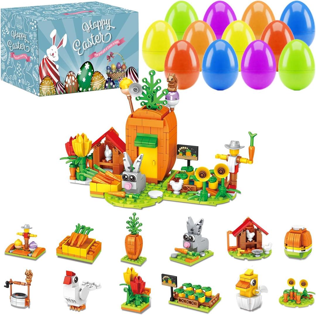 12 PCS Prefilled Easter Eggs with Carrot Building Toys, Easter Basket Stuffers Gifts for 3-8 Year Old Kids Toddlers, 12 in 1 Bunny House Blocks Set, Party Favors Classroom Prize Supplies