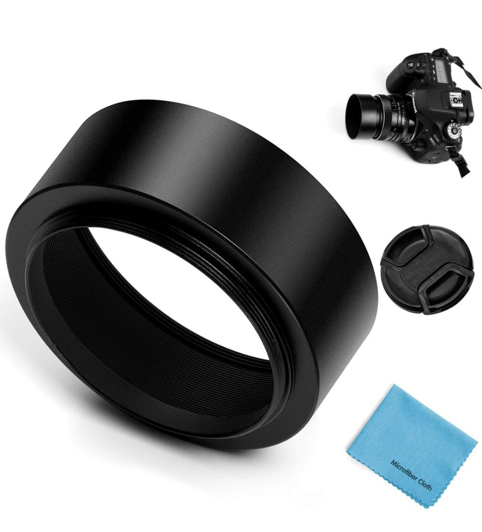 43 mm Metal Standard Screw-in Standard Lens Hood Sunshade with Centre Pinch Lens Cap for Canon Nikon Sony Pentax Olympus Fuji Sumsung Leica Camera +Cleaning Cloth
