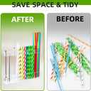 CIEO Straw Organizer for Cabinet Door Storage, 9.5" Large Acrylic Holder for Reusable Tumbler Straws Chopsticks Spoons, Adhesive Under Cabinet Mount Kitchen Container (White)