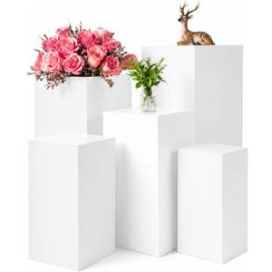 BreezeHug 5 Pcs Square Pedestal Stands for Party, Metal White Display Stands Pillars for Wedding Bridal Ceremony Baby Shower Birthday Party Decorations
