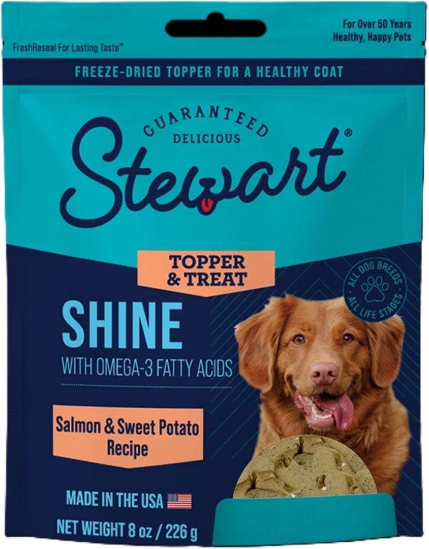Stewart Freeze Dried Dog Food Topper, Shine, Salmon and Sweet Potato Recipe, 8 Ounce Pouch, Omega-3 for a Healthy Coat (EXP 06/10/26)