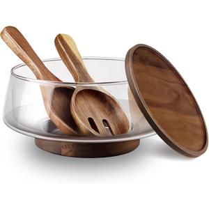 Large Glass Salad Bowls Set with Acacia Wood Base and Lid and Salad Serving Utensils, Elegant and Practical Salad Bowls for Kitchen Essentials Party