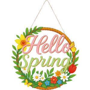 Spring Decoration Door Wreath, Wooden Hollow Floral Hello Spring Sign for Front Door Wall Sign Home Decor Farmhouse Wall Hanging Indoor Outdoor Party Supplies