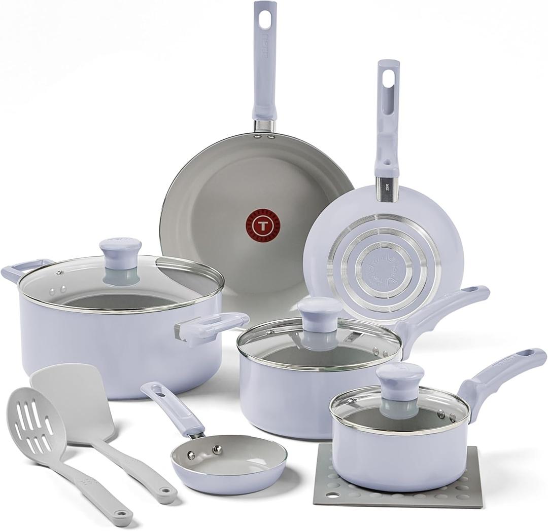 T-Fal Refresh Ceramic Nonstick Cookware Set, 12-Piece, Oven and Broiler Safe up to 350F, Includes Stockpot, Griddle, Frying Pans, and Utensils, Pots and Pans, Blue