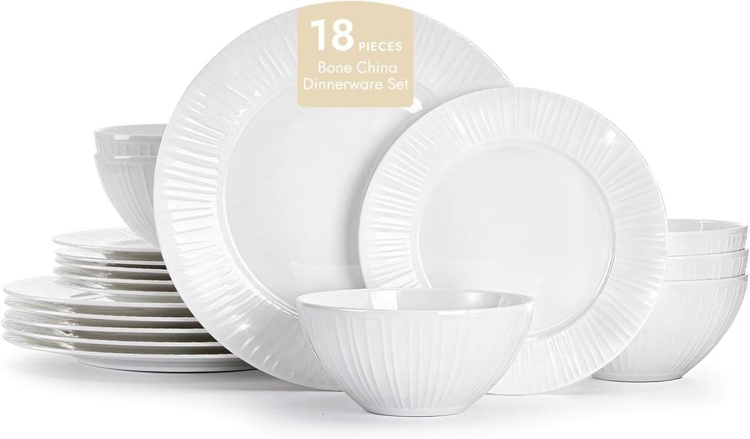 KINGSTONE Bone China Dinnerware Set, 18-Piece White Lightweight Porcelain with Textured Design Service for 6, Plates, Bowls, for Family Dining, Restaurants, GiftingMicrowave and Dishwasher Safe