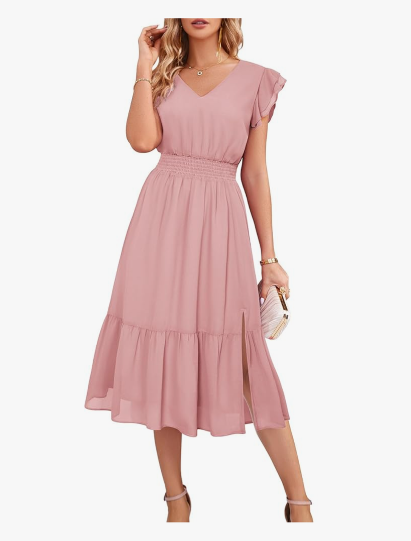 Women 2025 Summer Dress Midi Dress V Neck Ruffle Cap Sleeve Flowy Split Tiered A-Line Wedding Guest Dress Apricot Large