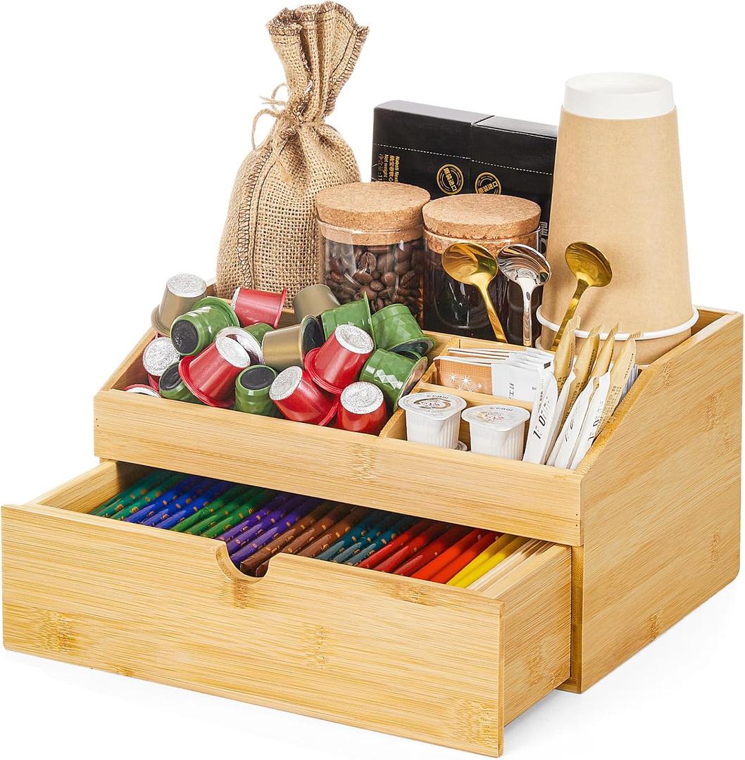 Coffee Bar Organizer Countertop with Drawer, Cafe Station Storage for Bar Accessories,Bamboo Espresso Bar Decor Holder for Bar Decor,Bamboo (Bamboo)
