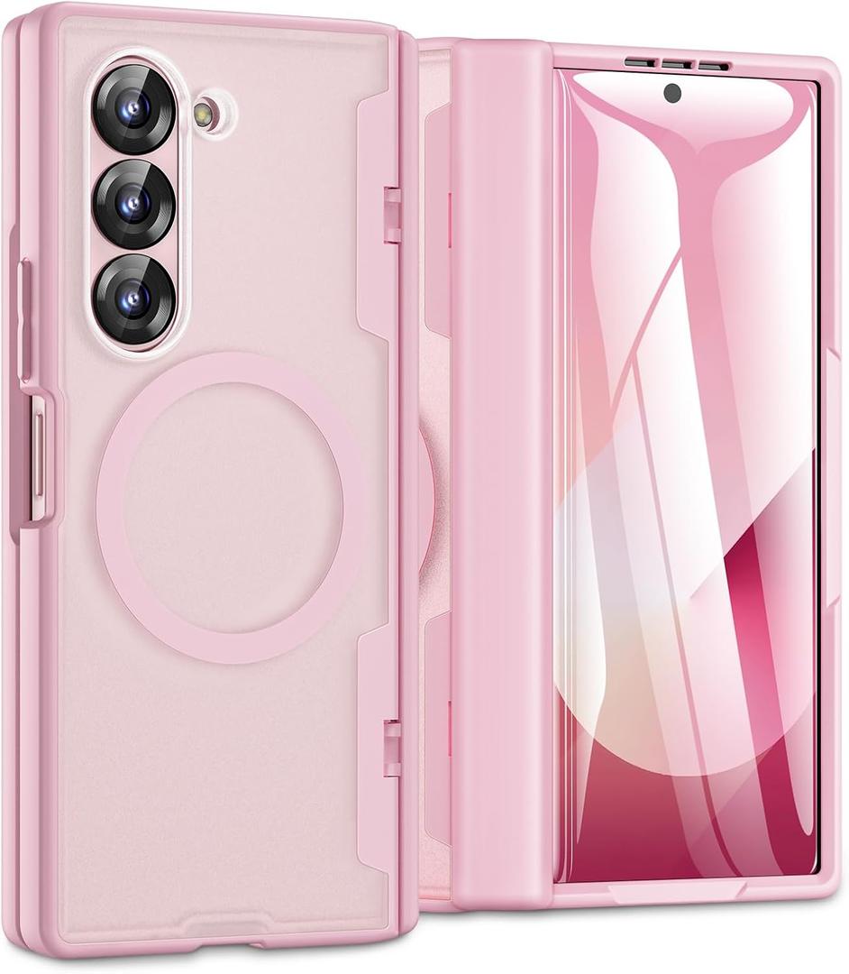 Caka for Samsung Galaxy Z Fold 6 Case [Compatible with Magsafe] [Hinge Protection] [Built-in HD Screen Protector] Translucent Hard Shockproof Magnet Phone Cover for Fold6 - Pink