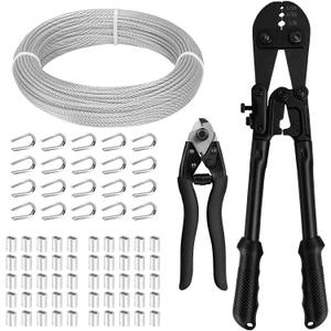 TooTaci 1/8 Stainless Steel Cable, 100ft 1/8 Wire Rope with Wire Rope Crimping Tool and Cutter, 77 Strands Aircraft Cable for Deck Railing, Clothesline, Shade Sails, String Light