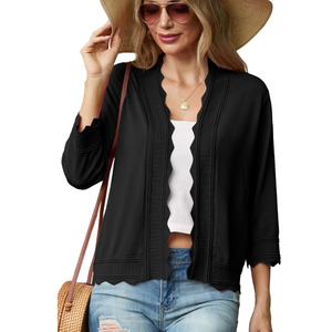 GRECERELLE Women's 3/ 4 Sleeve Summer Lightweight Knit Cropped Shrugs Cardigan Sweater, Black, L