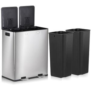 60L(16 Gal) Dual Trash Can, Stainless Steel Kitchen Garbage Can, Double Compartment Classified Rubbish Bin, Recycle Dustbin w/Plastic Inner Buckets, Soft-Close Lid, Airtight, Silver