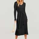 ANRABESS Womens Long Sleeve Fall Dress 2025 V Neck A-line Tie Waist Ribbed Knit Bodycon Midi Sweater Dresses Black Medium (Black, M)