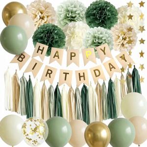 ANSOMO Sage Green Happy Birthday Party Decorations Retro Green Nude Ivory Dark Olive Kraft Paper Banner Balloons Neutral Rustic Boho Blush Safari Botanical Greenery Wild Dcor Supplies Women Adults