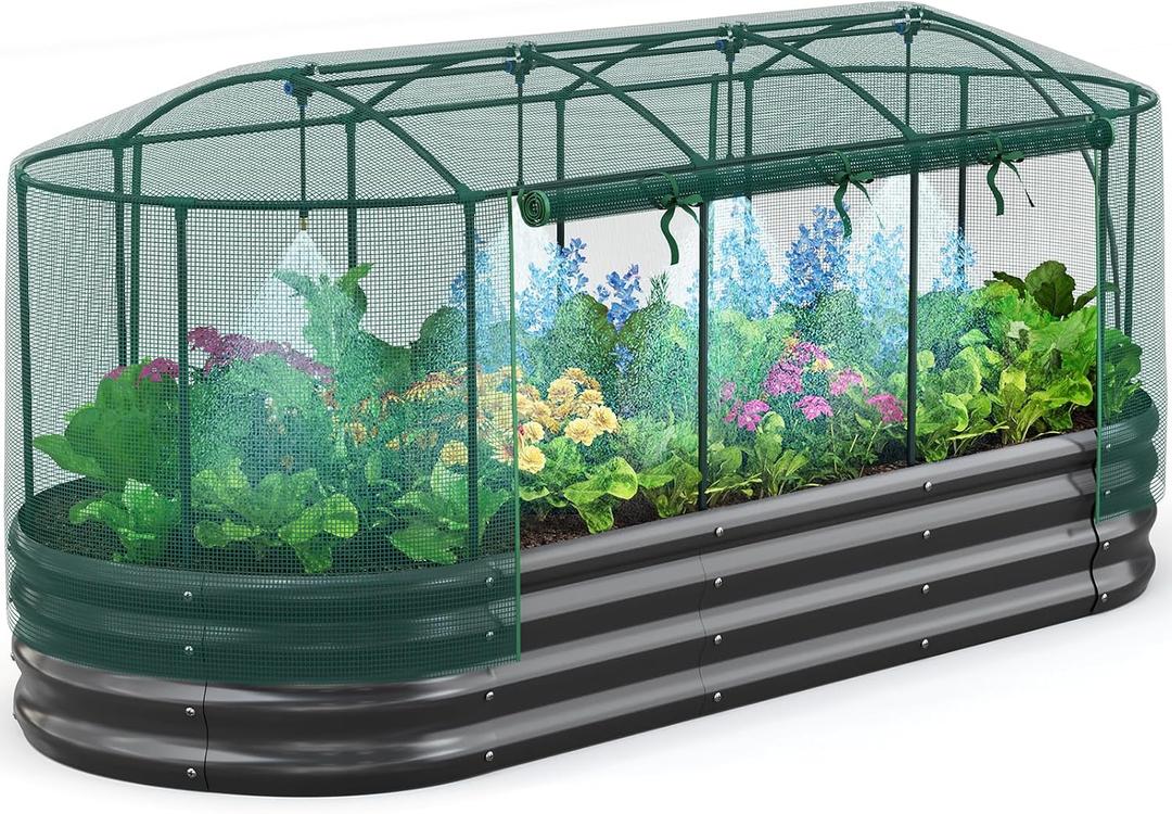 Quictent Galvanized Raised Garden Bed Kit with Self Watering System and Mesh Cover, Large Oval Metal Outdoor Planter Garden Boxes for Vegetables Herbs Flowers, 8x3x1Ft